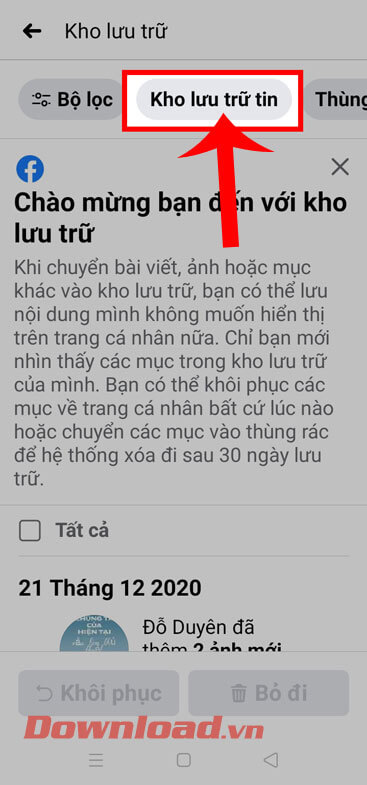 <p><strong>Bước 4: </strong>Tiếp theo, nhấn vào mục <strong>Kho lưu trữ tin</strong> ở phía trên màn