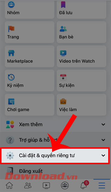 Chạm vào nút Cài đặt & riêng tư