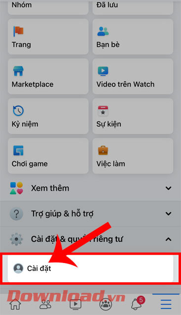 Ấn vào mục Cài đặt