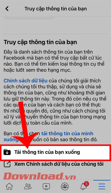 Ấn vào mục Tải thông tin của bạn xuống