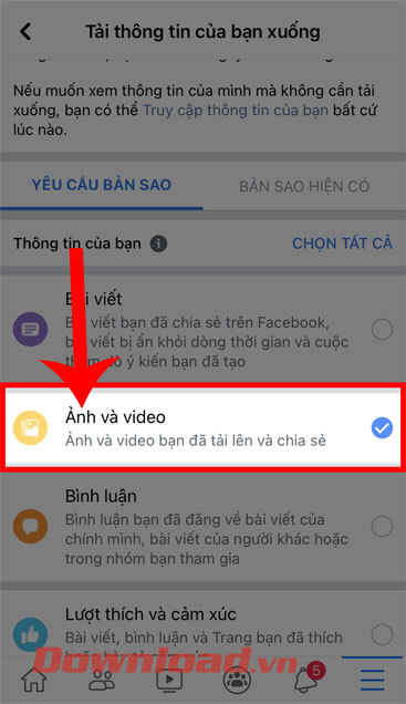 Chọn mục Ảnh và video