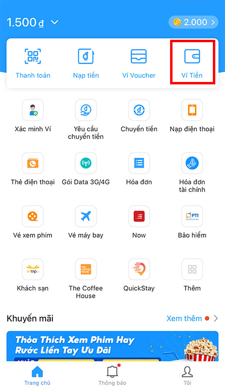 <p><strong>Bước 1</strong>: Ở giao diện chính của Airpay, các bạn nhấn chọn nút <strong>Ví tiền</strong>