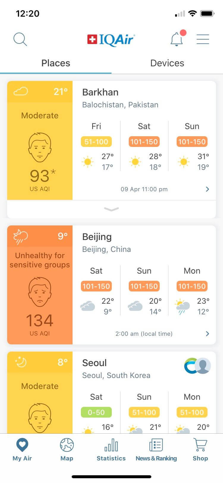 Thông tin về chất lượng không khí trên Air Visual