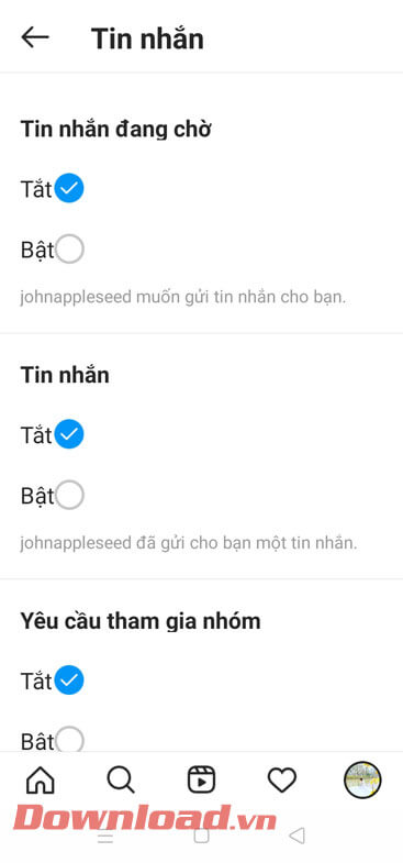 Chạm vào nút Tắt