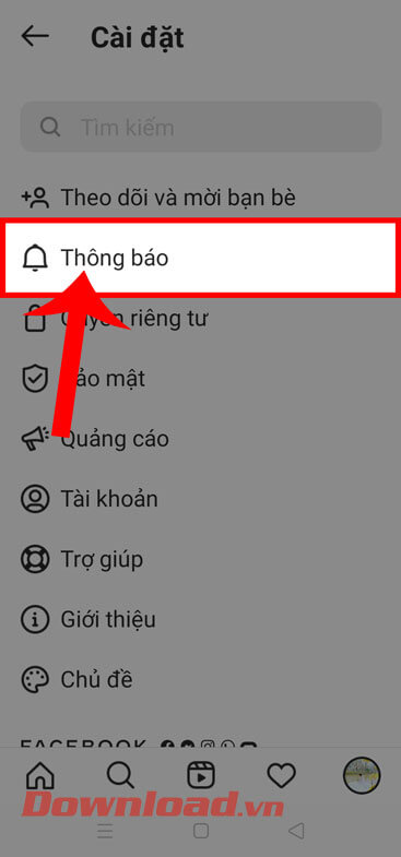 Nhấn vào mục Thông báo