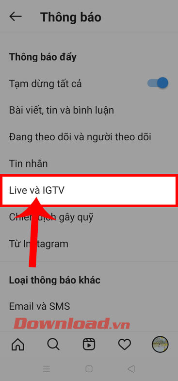 Chạm vào mục Live và IGTV