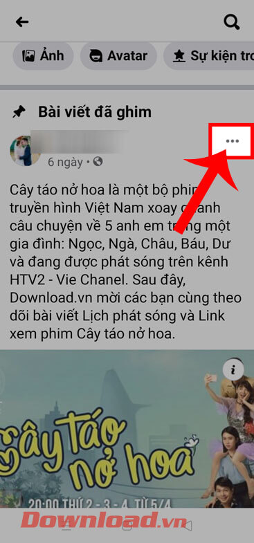 <p><strong>Bước 5:</strong> Để bỏ ghim bài viết, thì tiếp tục chạm vào b<strong>iểu tượng dấu ba chấm</strong>