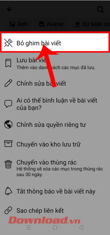 <p><strong>Bước 6:</strong> Sau đó, nhấn vào mục<strong> Bỏ ghim bài viết.</strong></p>