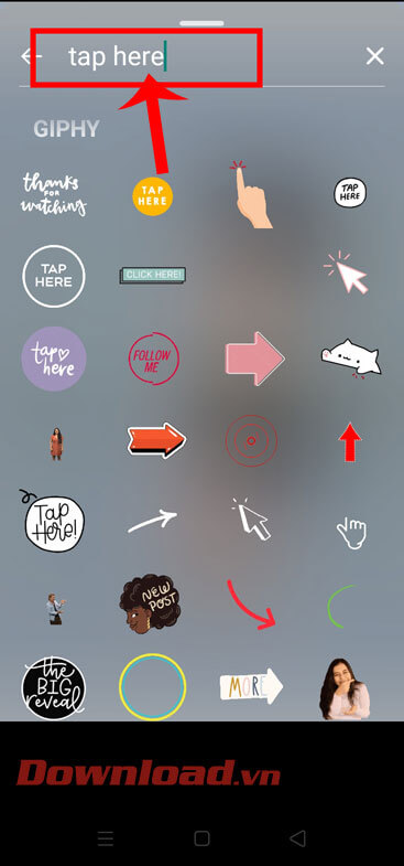 Gõ từ khóa "Tap here" và chọn nhãn dán
