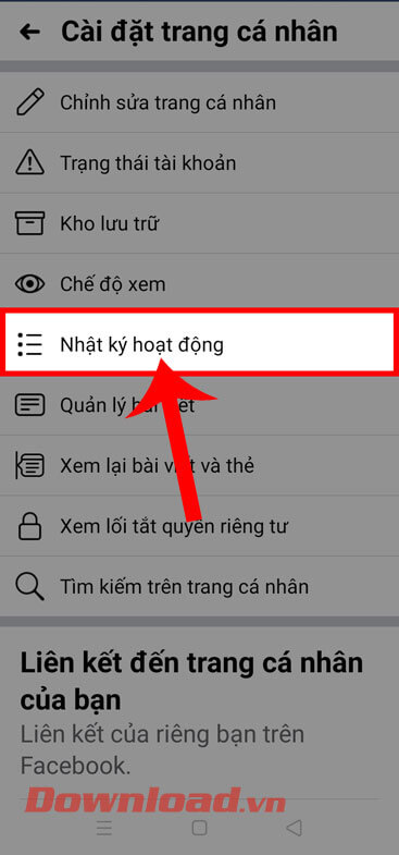 <p><strong>Bước 3:</strong> Tại phần <em>Cài đặt trang cá nhân</em>, hãy chạm vào mục<strong> Nhật ký