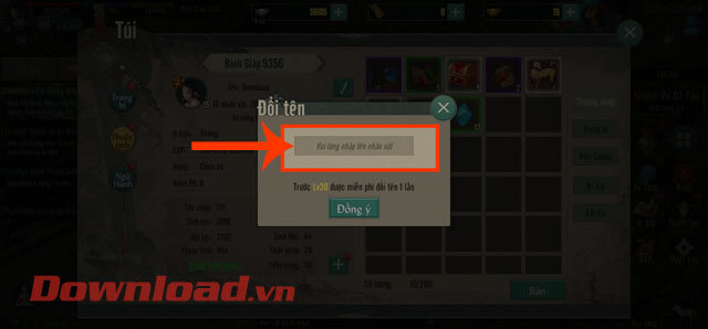 Nhập tên mới cho nhân vật