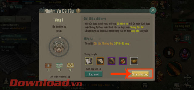 Ấn vào nút Nhận thưởng