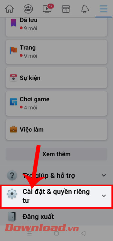 <p><strong>Bước 2:</strong> Vuốt màn hình xuống phía dưới rồi ấn vào mục <strong>Cài đặt &amp; Quyền