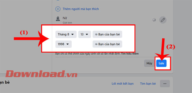 <p><strong>Bước 6:</strong> <strong>Thiết lập lại Ngày, Tháng, Năm sinh</strong>, rồi click chuột vào