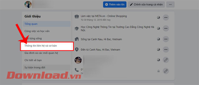 <p><strong>Bước 4:</strong> Tại phần <em>Giới thiệu</em>, nhấn vào mục <strong>Thông tin liên hệ và
