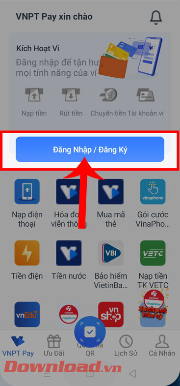 <p><strong>Bước 1:</strong> Tại giao diện chính của ví điện tử VNPT Pay, nhấn vào nút <strong>Đăng nhập
