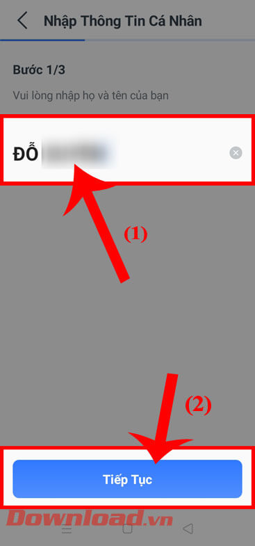 <p><strong>Bước 4:</strong> <strong>Nhập Họ và tên</strong> của mình, và nhấn nút <strong>Tiếp tục</strong>