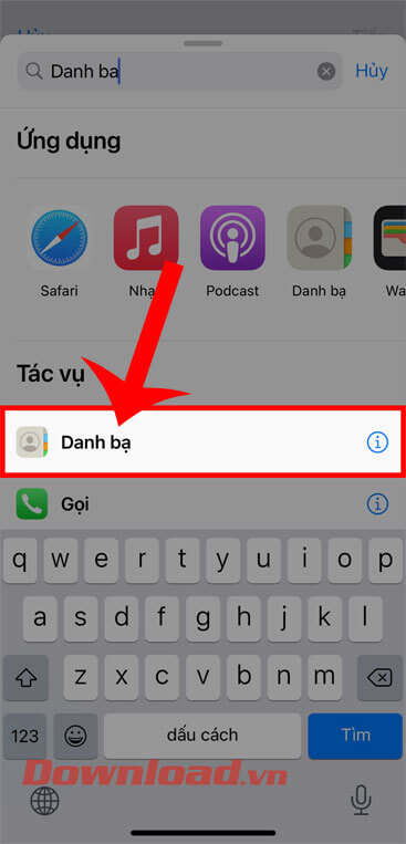 Tìm kiếm và chọn tác vụ Danh bạ
