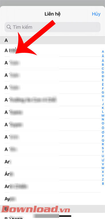Chọn số điện thoại trong Danh bạ