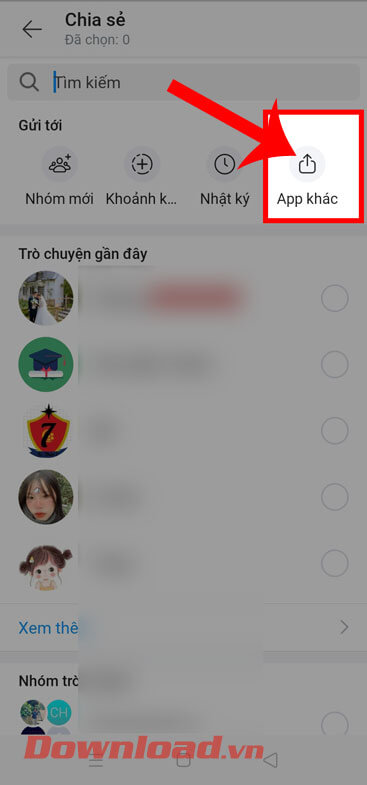 <p><strong>Bước 4:</strong> Cũng tại giao diện<em> Chia sẻ</em> của Zalo, ấn vào mục <strong>App khác.</strong></p>