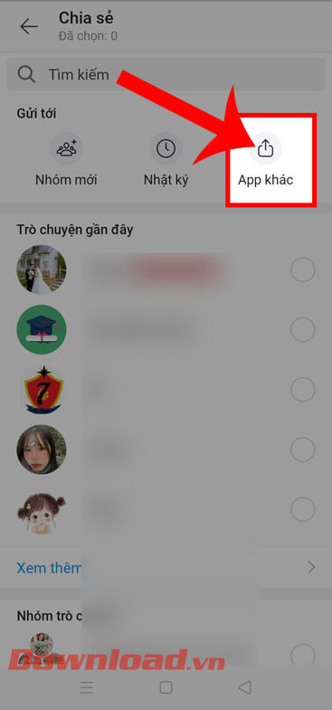 <p><strong>Bước 4:</strong> Lúc này tại màn hình <em>Chia sẻ</em> của Zalo, ấn vào mục <strong>App khác.</strong></p>