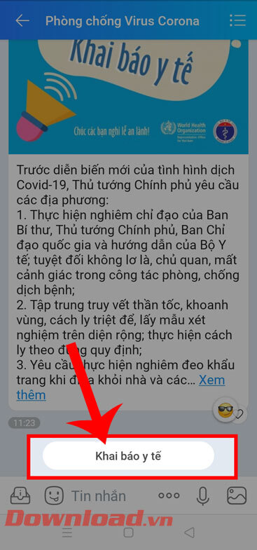 Ấn vào nút Khai báo y tế