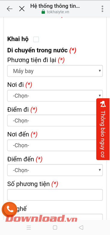 Điền thông tin vào tờ khai y tế