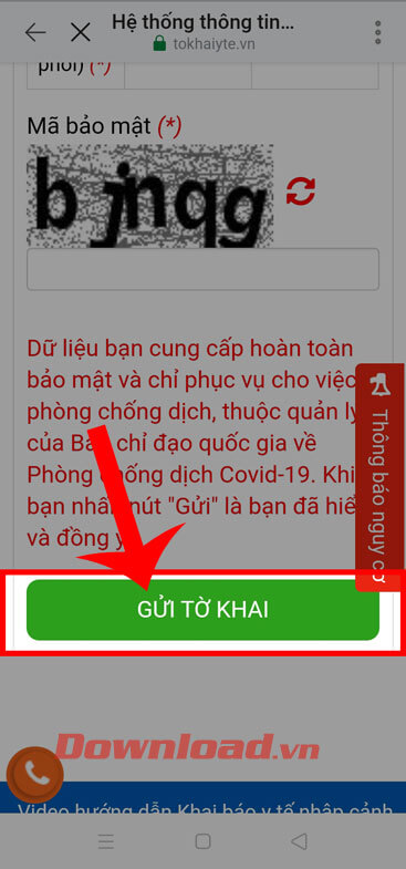 Chạm vào nút Gửi khai báo