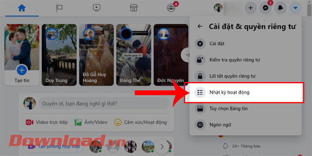 <p><strong>Bước 3:</strong> Ở mục <em>Cài đặt &amp; Quyền riêng tư</em>, ấn vào mục <strong>Nhật ký