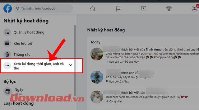 <p><strong>Bước 4:</strong> Nhấp chuột vào mục <strong>Xem lại dòng thời gian, ảnh và thẻ,</strong>