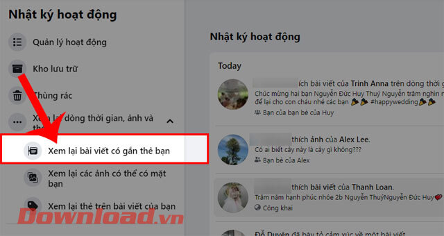 <p><strong>Bước 5:</strong> Sau đó, click chuột vào mục <strong>Xem lại bài viết có gắn thẻ bạn.</strong></p>