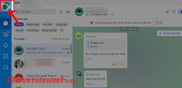 <p><strong>Bước 2:</strong> Tại giao diện chính của Zalo PC, nhấn vào <strong>ảnh đại diện hiện tại</strong>,