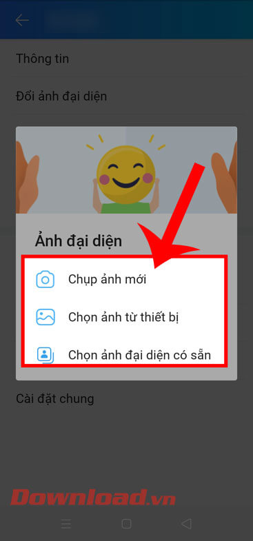 <p><strong>Bước 4: Chọn nguồn lấy ảnh đại diện</strong>, bằng cách chạm vào một trong ba mục: <em>Chụp