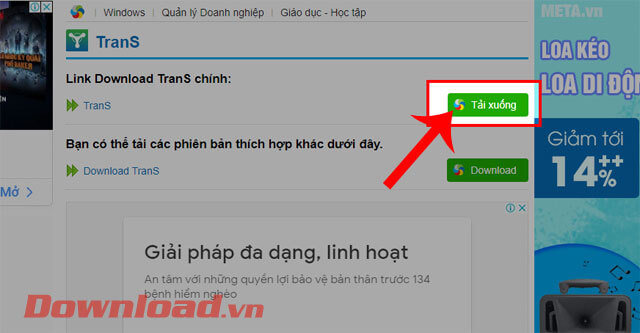 <p><strong>Bước 3:</strong> Trong phần link tải chính của Trans, ấn vào nút <strong>Tải xuống</strong>