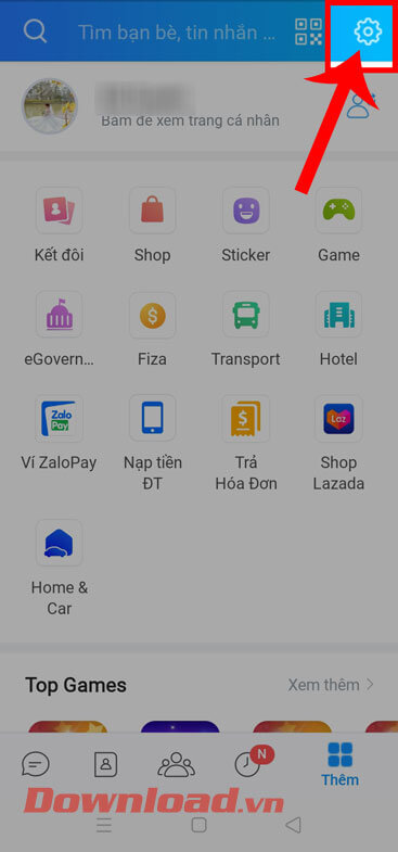 Ấn vào mục biểu tượng Cài đặt