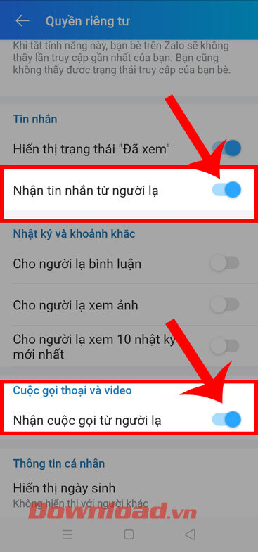 Gạt công tắc tại mục "Nhận tin nhắn từ người lạ" và "Nhận cuộc gọi từ người lạ"
