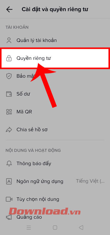 Chạm vào mục Quyền riêng tư