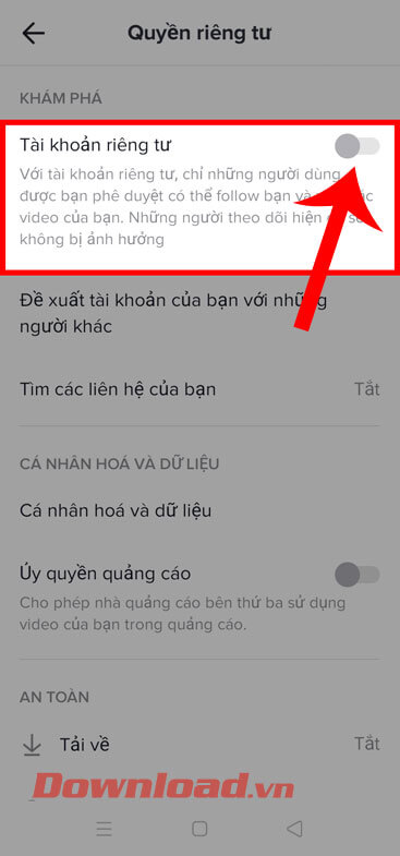 Gạt công tác tại mục Tài khoản riêng tư