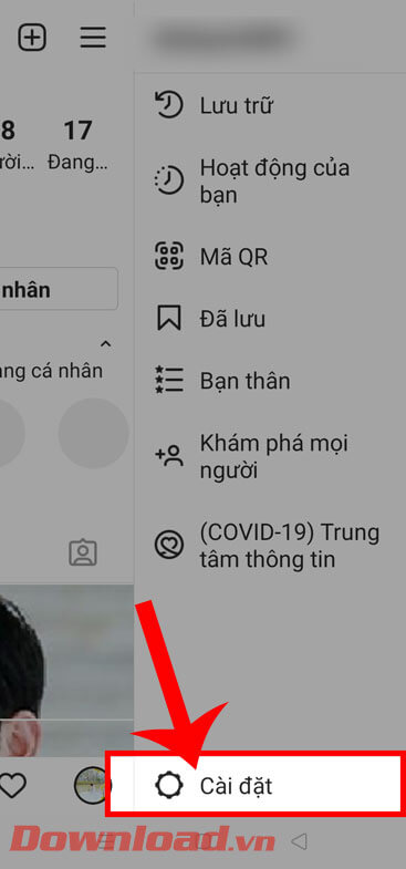 Chạm vào mục Cài đặt