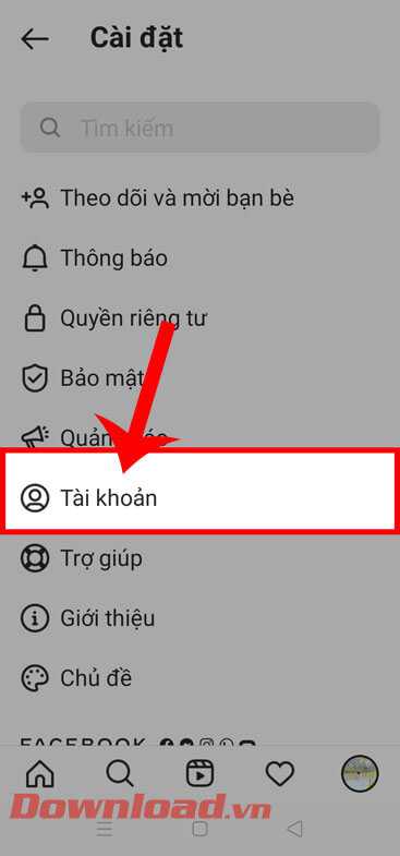 Ấn vào mục Tài khoản 