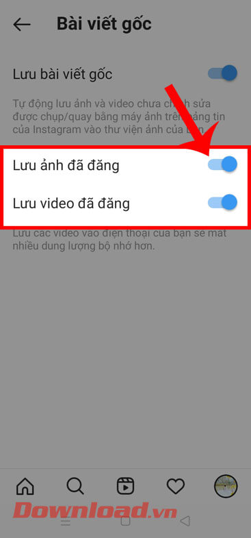 Gạt công tắc ở mục Lưu ảnh đã đăng và Lưu video đã đăng