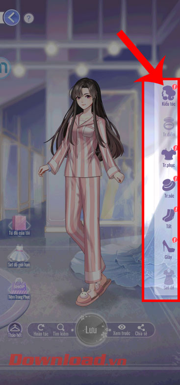 <p><strong>Bước 11:</strong> Thay đổi<em> kiểu tóc, trang điểm, áo, trang phục, trang sức, tất, giày,...</em>