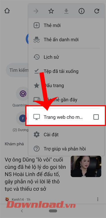 Đánh dấu tick vào mục Trang web cho máy tính 