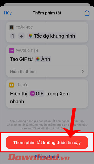 Ấn vào nút Thêm phím tắt không tin cậy