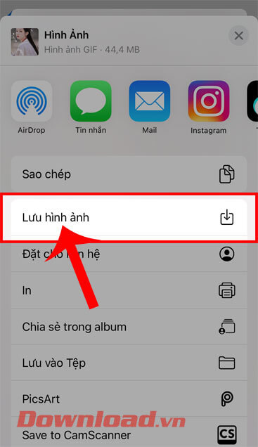 Chạm vào mục Lưu hình ảnh