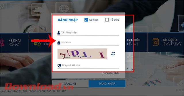 Nhập tên đăng nhập, mật khẩu và mã kiểm tra