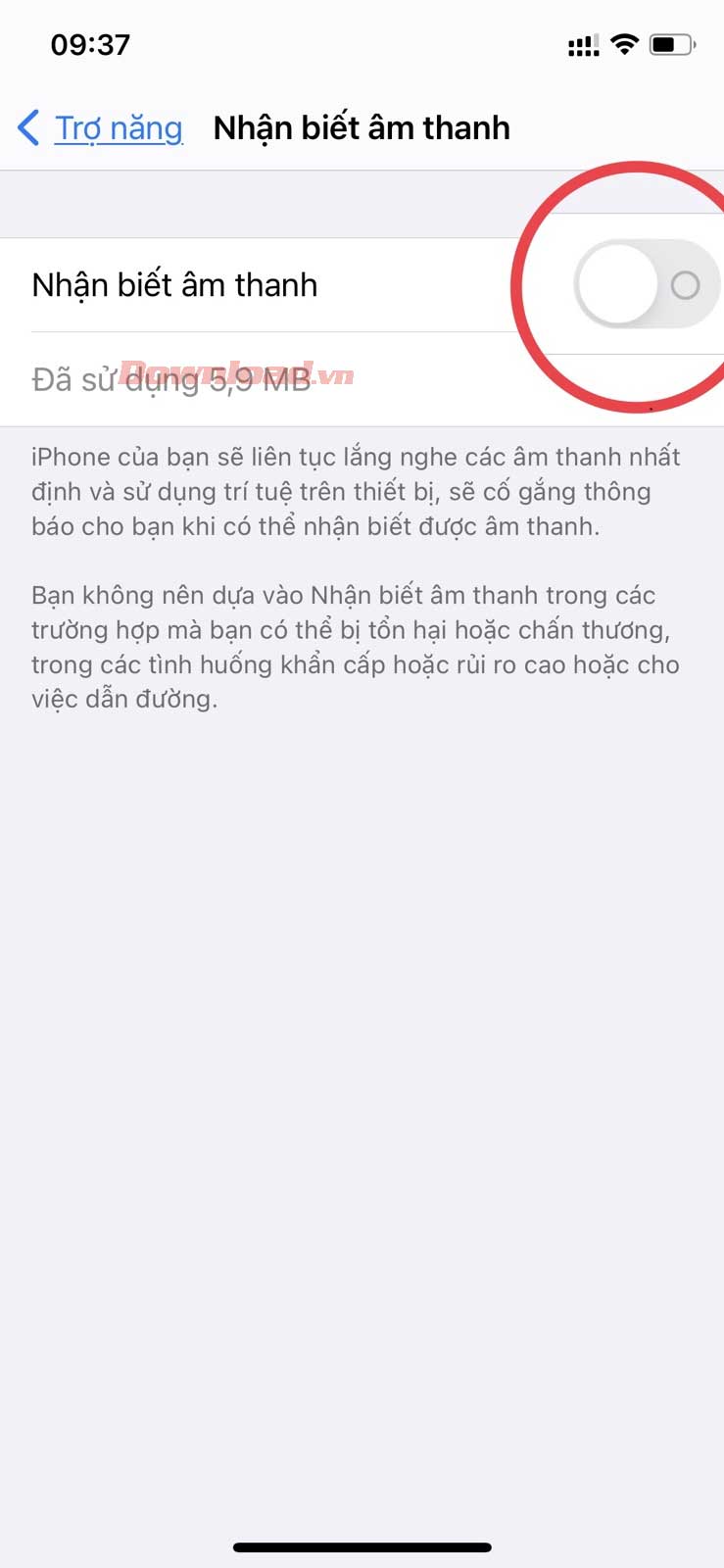 <p><strong>Bước 2</strong>: Chuyển nút công tắc sang vị trí bật <strong>Nhận biết âm thanh</strong>.</p>