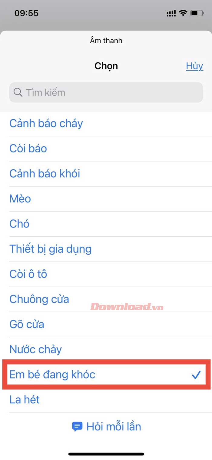 <p><strong>Bước 5:</strong> Chạm Cảnh báo cháy và đổi nó sang Em bé đang khóc.</p>