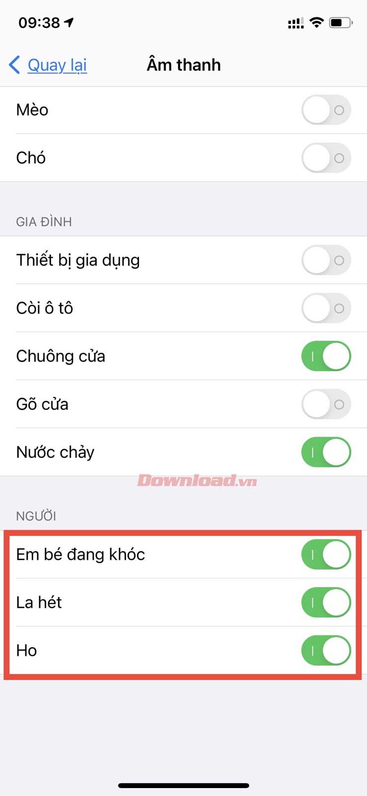 <p><strong>Bước 4</strong>: Chạm<strong> Âm thanh</strong> &gt; Chọn<strong> Em bé đang khóc.</strong></p>