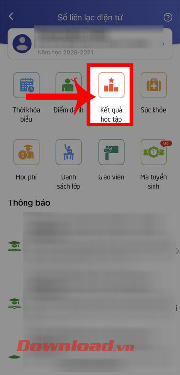 Ấn vào mục Kết quả học tập